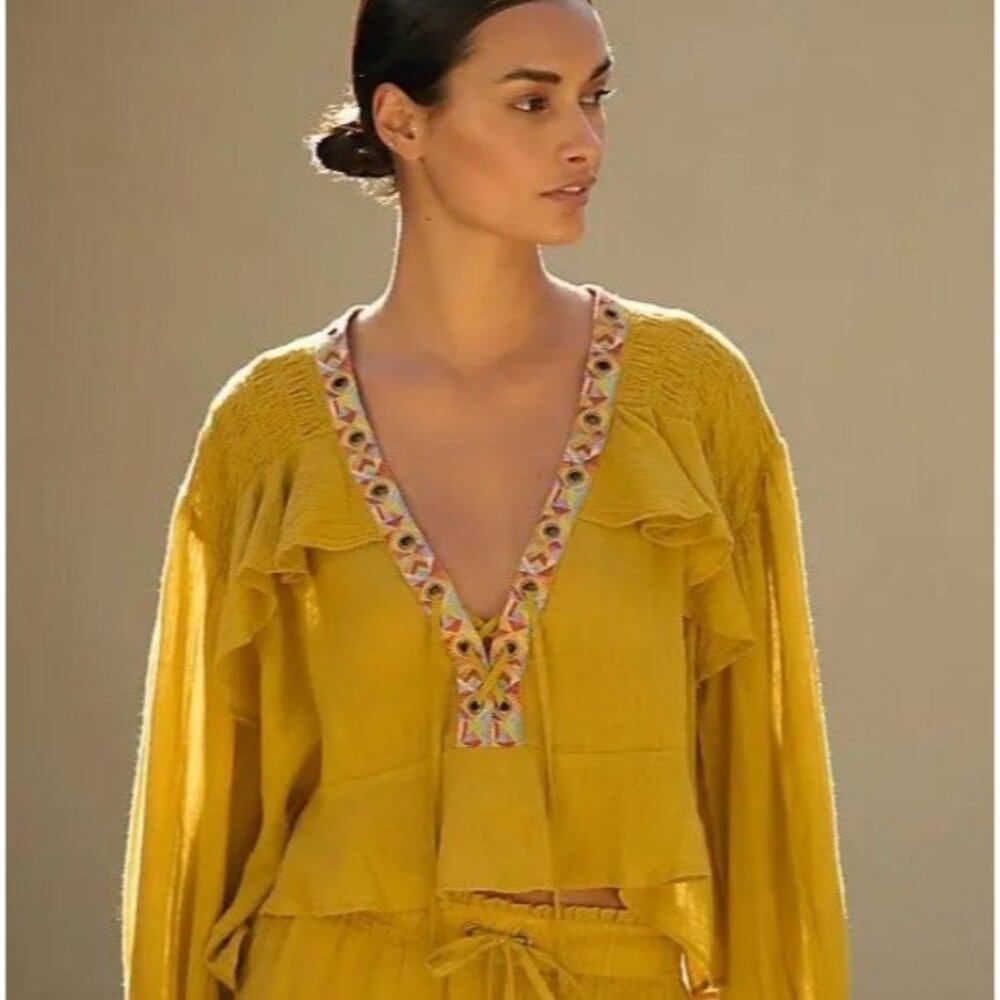 By Anthropologie Grommet Ruffle Shirt Golden Sunset Southwest Western L Boho
